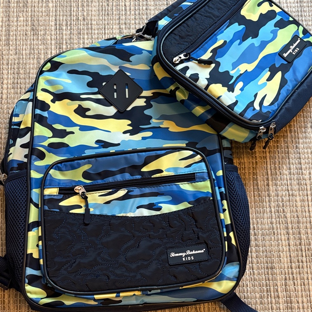 Tommy Bahama Blue and Yellow Camo Backpack Set